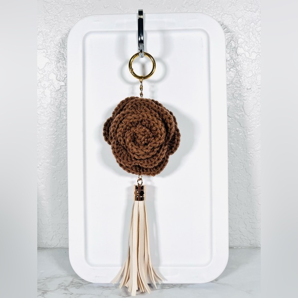 Brown Crochet Flower Bag Charm With Tassel - Picture 2 of 6